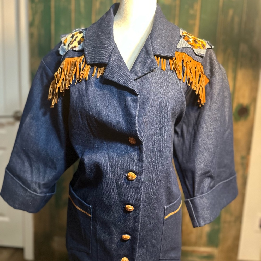 Oversized One-of-a-Kind Denim western Fringe Western Blazer  women size xl - Picture 3 of 16